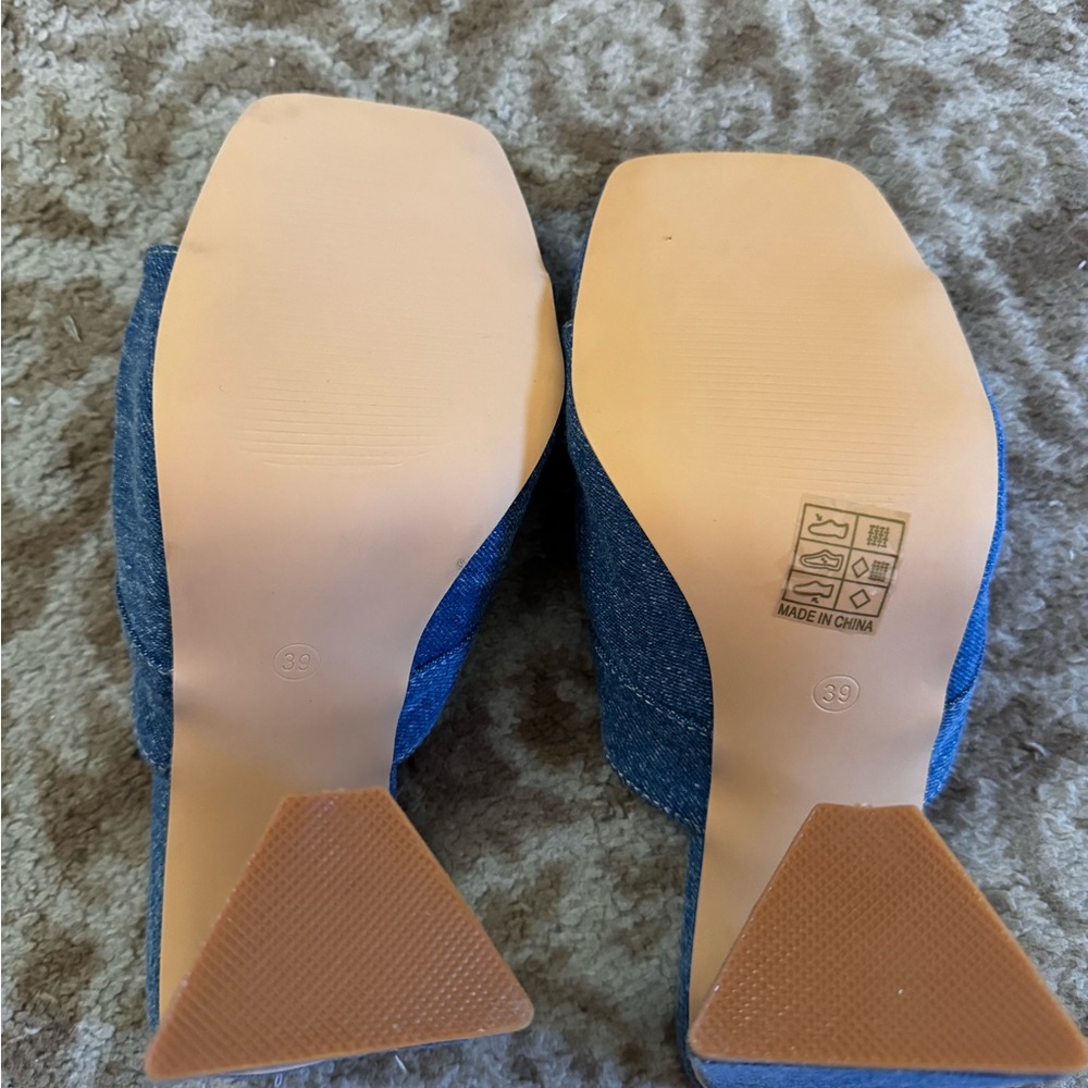 Denim Slide Mules with Block Heel - Blue - Picture 9 of 9